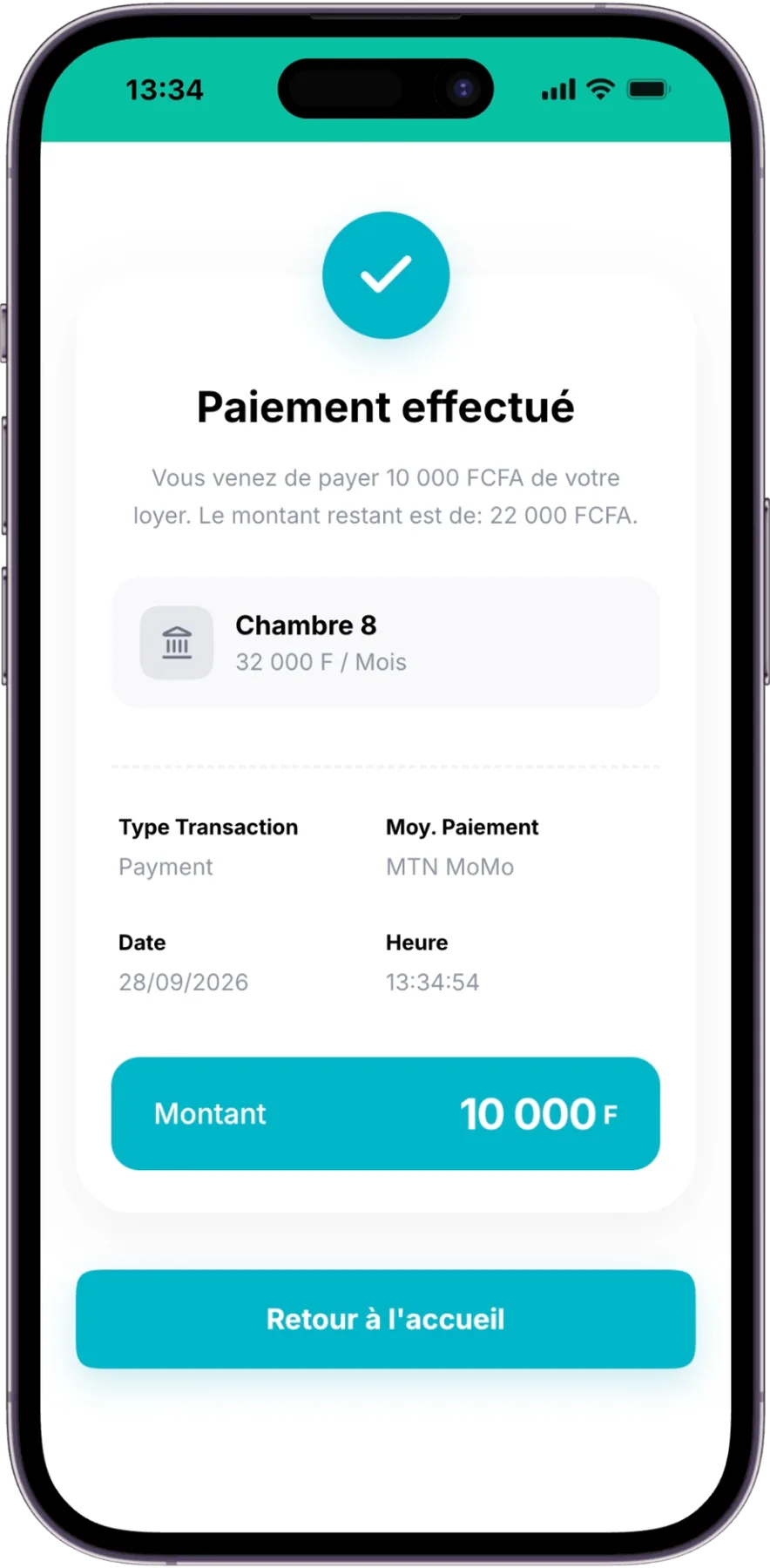 Confirmation de paiement dans l'application Locapay